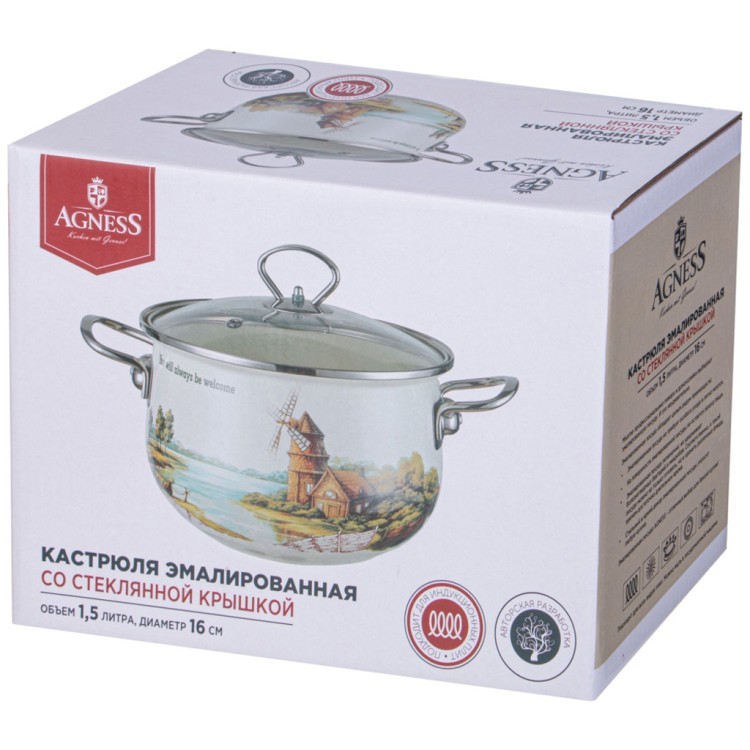 Кастрюля agness эмалированная со стеклянной крышкой серия "family house", 1,5 л диа.16см Agness (943-065) Кастрюля agness эмалированная со стеклянной крышкой серия "family house", 1,5 л диа.16см Agness (943-065)