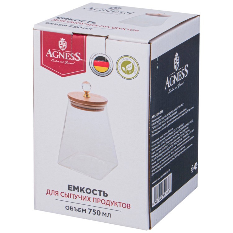 Емкость для сыпучих продуктов agness "kristall" 750 мл 9,5*9,5*13,5 см. цвет: прозрачный Agness (889-163) Емкость для сыпучих продуктов agness "kristall" 750 мл 9,5*9,5*13,5 см. цвет: прозрачный Agness (889-163)