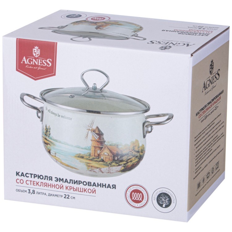 Кастрюля agness эмалированная со стеклянной крышкой серия "family house", 3,8 л диа. 22см Agness (943-068) Кастрюля agness эмалированная со стеклянной крышкой серия "family house", 3,8 л диа. 22см Agness (943-068)